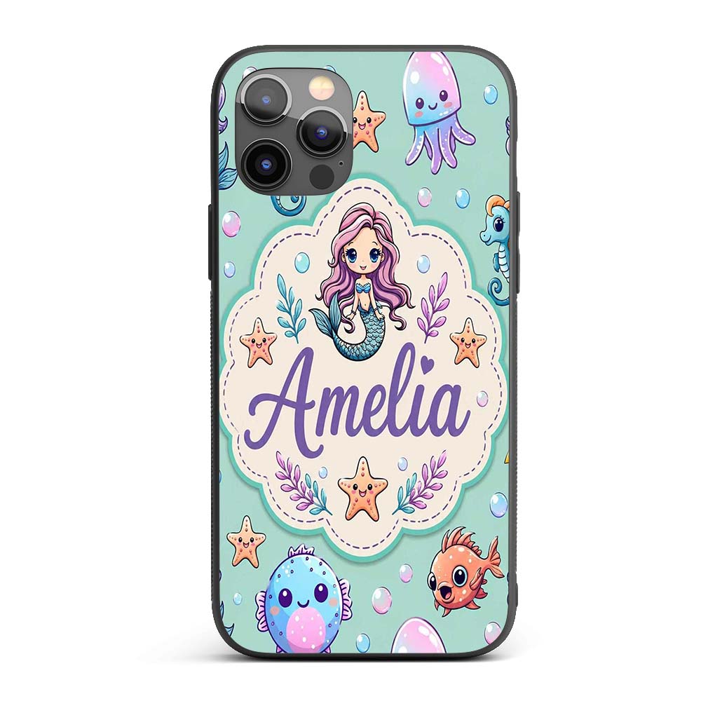 Cute Cartoon Mermaid with Sea Creatures on Mint Custom Name Protective Phone Case Mobile Cover Durable Everyday Smartphone Shock Resistant