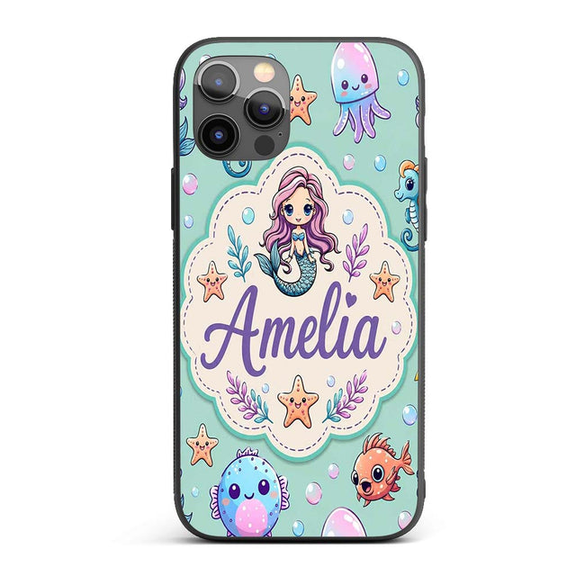 Cute Cartoon Mermaid with Sea Creatures on Mint Custom Name Protective Phone Case Mobile Cover Durable Everyday Smartphone Shock Resistant