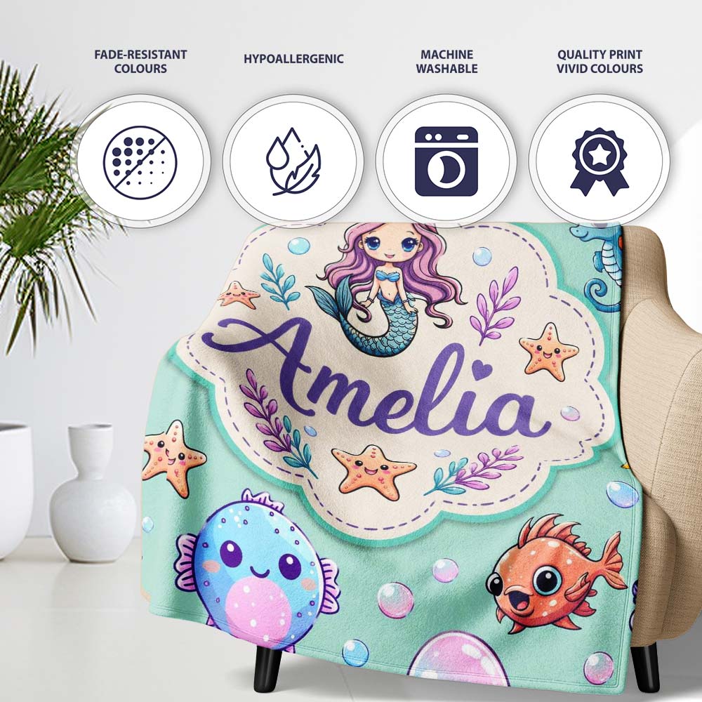 Cute Cartoon Mermaid with Sea Creatures on Mint Green Background  Personalised Custom Name Super Soft Fleece Blanket Bed Sofa Throw