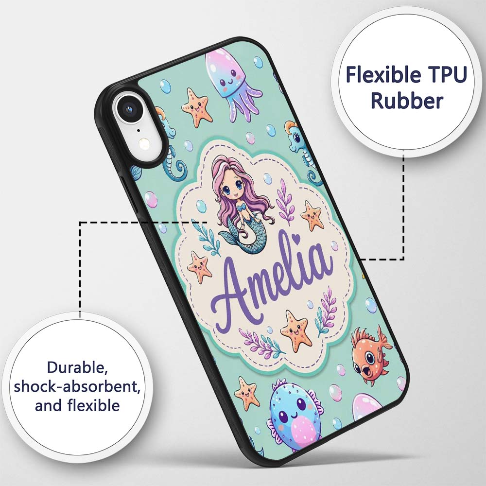 Cute Cartoon Mermaid with Sea Creatures on Mint Custom Name Protective Phone Case Mobile Cover Durable Everyday Smartphone Shock Resistant