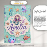 Cute Cartoon Mermaid with Sea Creatures on Mint Green Background  Personalised Custom Name Super Soft Fleece Blanket Bed Sofa Throw