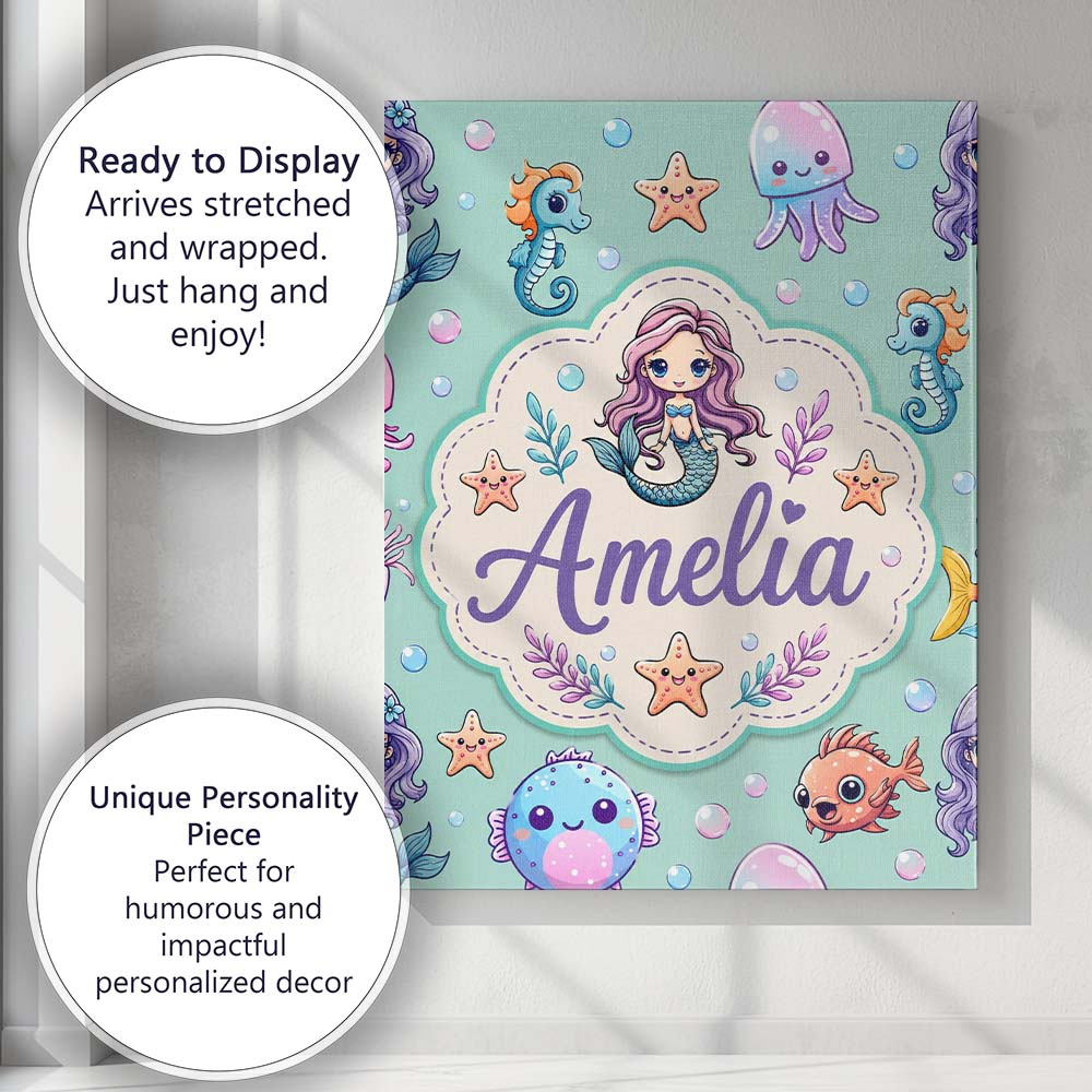Personalised Name Cute Cartoon Mermaid with Custom  Bespoke Interior Contemporary Canvas Wall Art Print Decor Picture Ready to Hang
