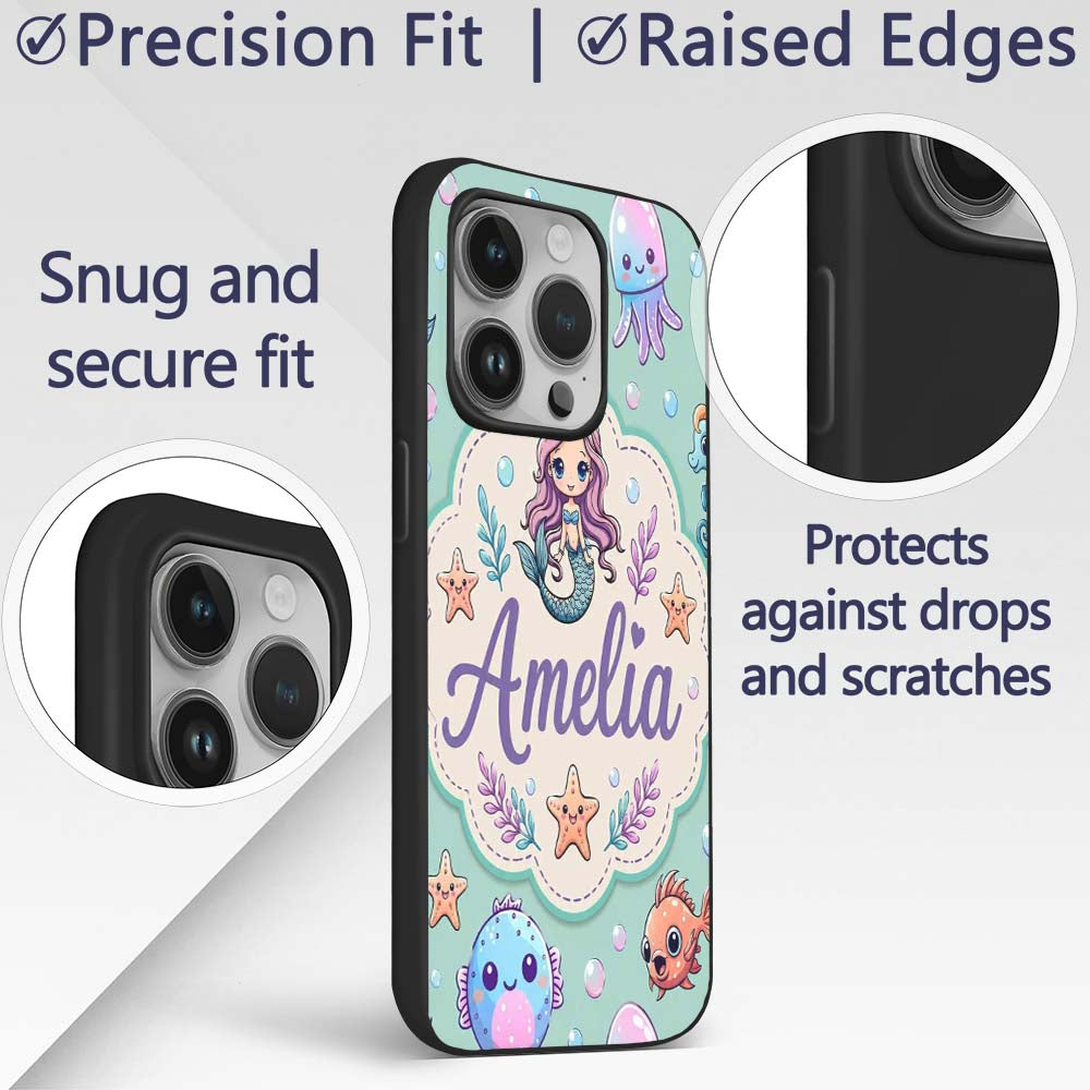 Cute Cartoon Mermaid with Sea Creatures on Mint Custom Name Protective Phone Case Mobile Cover Durable Everyday Smartphone Shock Resistant