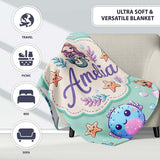 Cute Cartoon Mermaid with Sea Creatures on Mint Green Background  Personalised Custom Name Super Soft Fleece Blanket Bed Sofa Throw