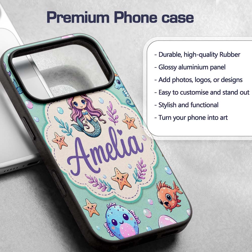 Cute Cartoon Mermaid with Sea Creatures on Mint Custom Name Protective Phone Case Mobile Cover Durable Everyday Smartphone Shock Resistant