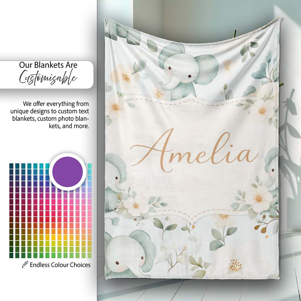 Cute Baby Elephant Floral Watercolor Pattern Pastel Nursery Design  Personalised Custom Name Super Soft Fleece Blanket Bed Sofa Throw