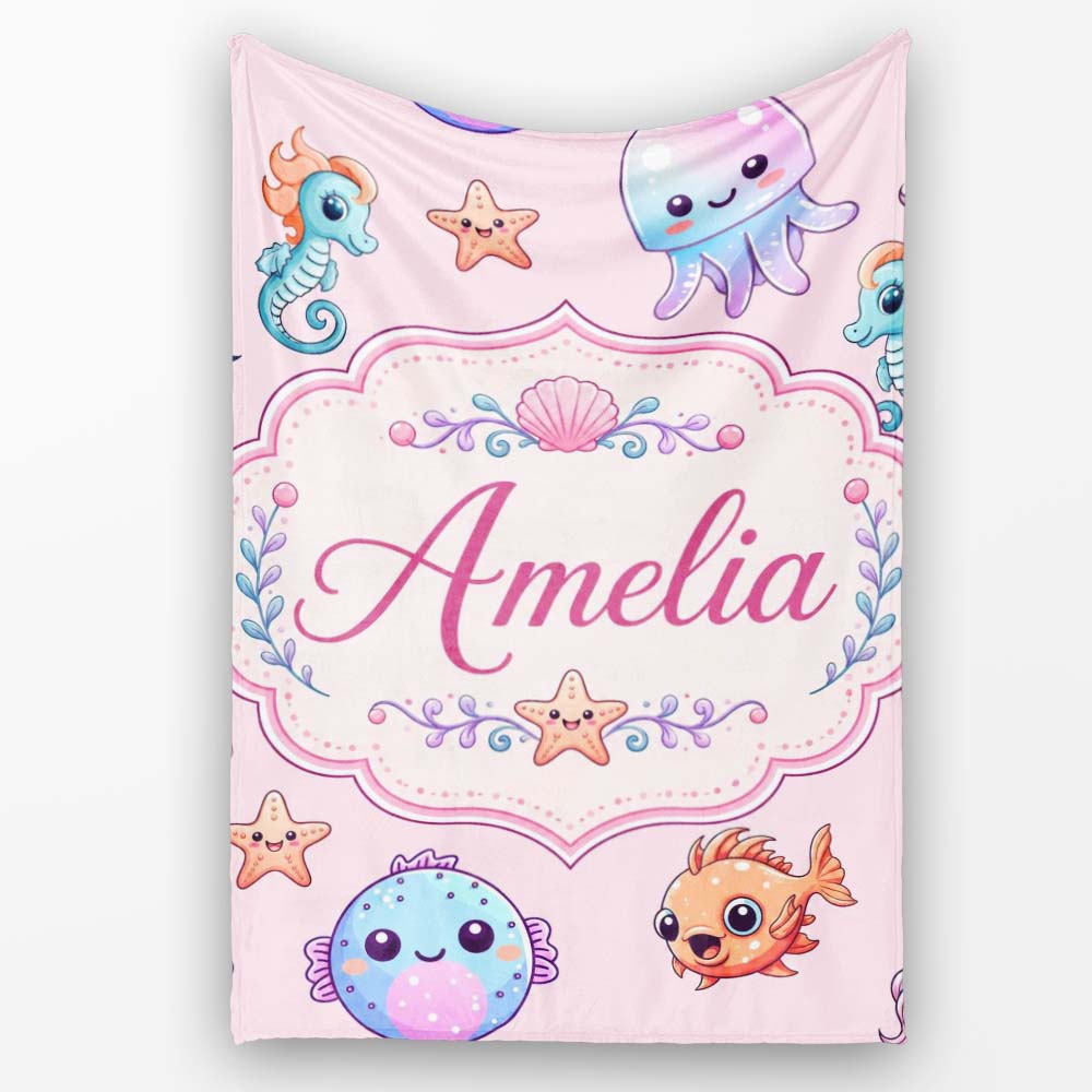 Cute Cartoon Mermaid with Sea Creatures on Soft Pink Background Kids  Personalised Custom Name Super Soft Fleece Blanket Bed Sofa Throw