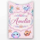 Cute Cartoon Mermaid with Sea Creatures on Soft Pink Background Kids  Personalised Custom Name Super Soft Fleece Blanket Bed Sofa Throw