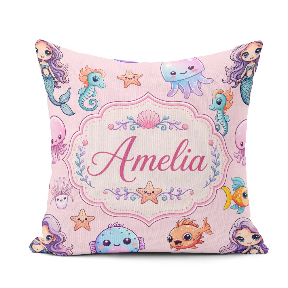 Custom Name Cartoon Mermaid with Sea Creatures on Soft Pink Kids Square Filled Cushion Throw Pillow Sofa Bed Home Decor Zip Washable UK Made