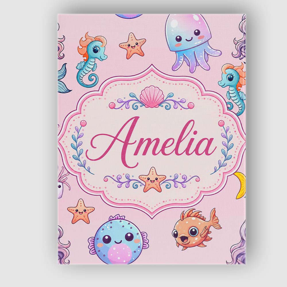 Personalised Name Cute Cartoon Mermaid with Custom  Bespoke Interior Contemporary Canvas Wall Art Print Decor Picture Ready to Hang