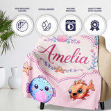 Cute Cartoon Mermaid with Sea Creatures on Soft Pink Background Kids  Personalised Custom Name Super Soft Fleece Blanket Bed Sofa Throw