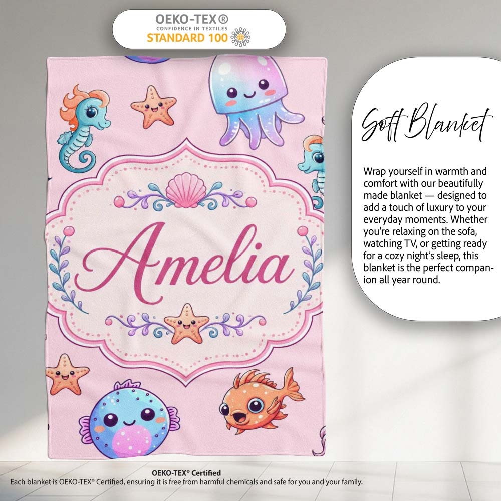 Cute Cartoon Mermaid with Sea Creatures on Soft Pink Background Kids  Personalised Custom Name Super Soft Fleece Blanket Bed Sofa Throw