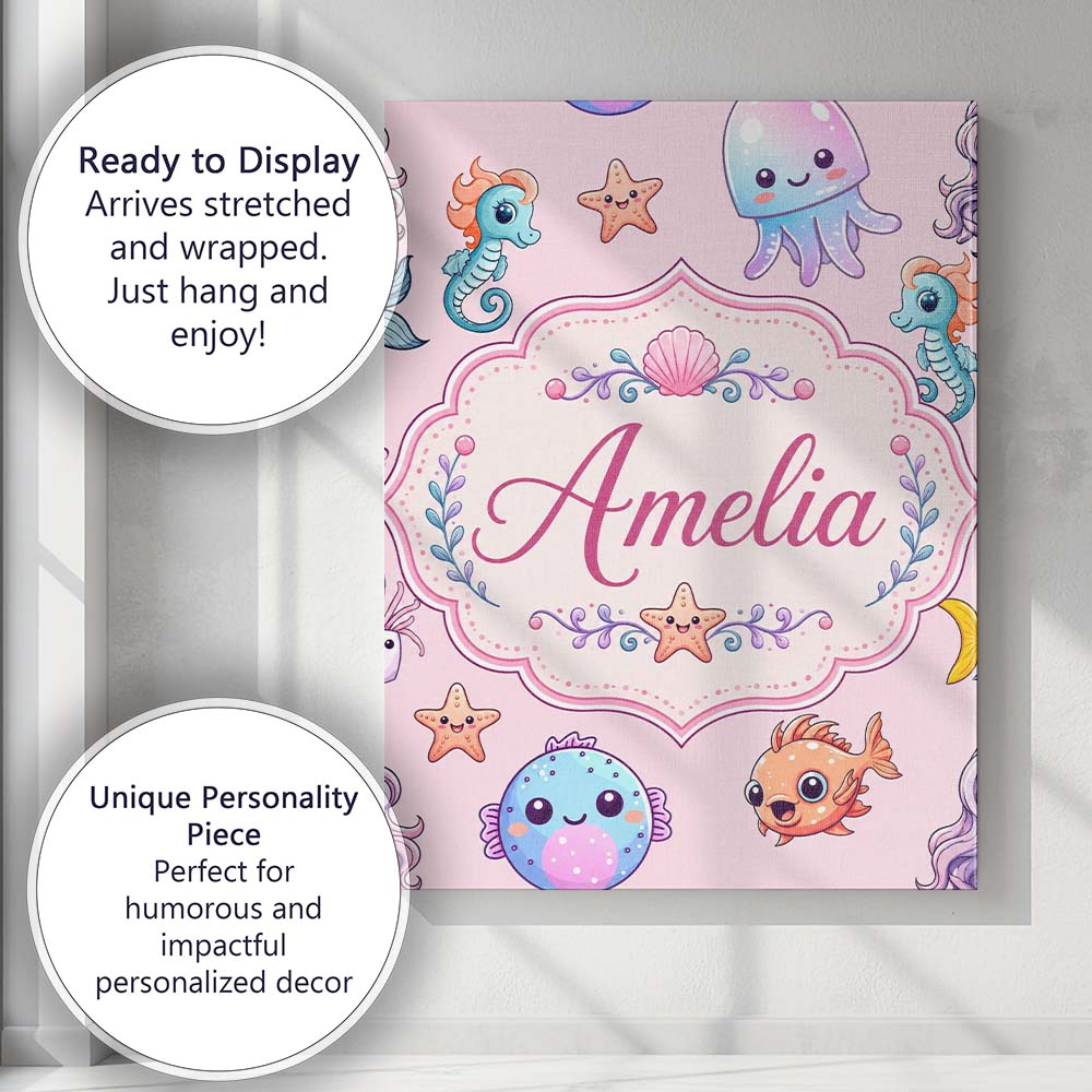 Personalised Name Cute Cartoon Mermaid with Custom  Bespoke Interior Contemporary Canvas Wall Art Print Decor Picture Ready to Hang