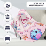 Cute Cartoon Mermaid with Sea Creatures on Soft Pink Background Kids  Personalised Custom Name Super Soft Fleece Blanket Bed Sofa Throw