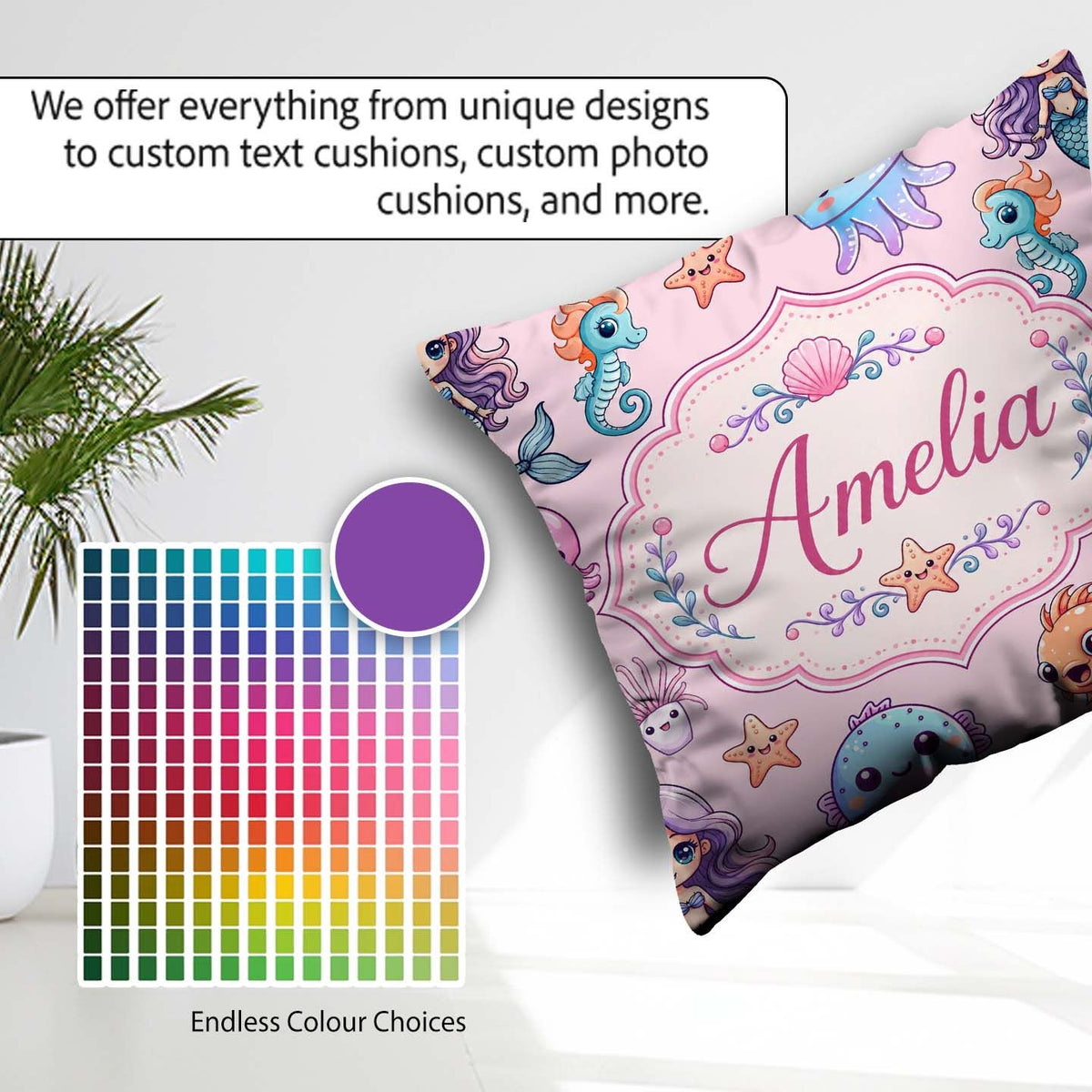 Custom Name Cartoon Mermaid with Sea Creatures on Soft Pink Kids Square Filled Cushion Throw Pillow Sofa Bed Home Decor Zip Washable UK Made