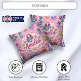 Custom Name Cartoon Mermaid with Sea on Pink Background Playful Square Filled Cushion Throw Pillow Sofa Bed Home Decor Zip Washable UK Made