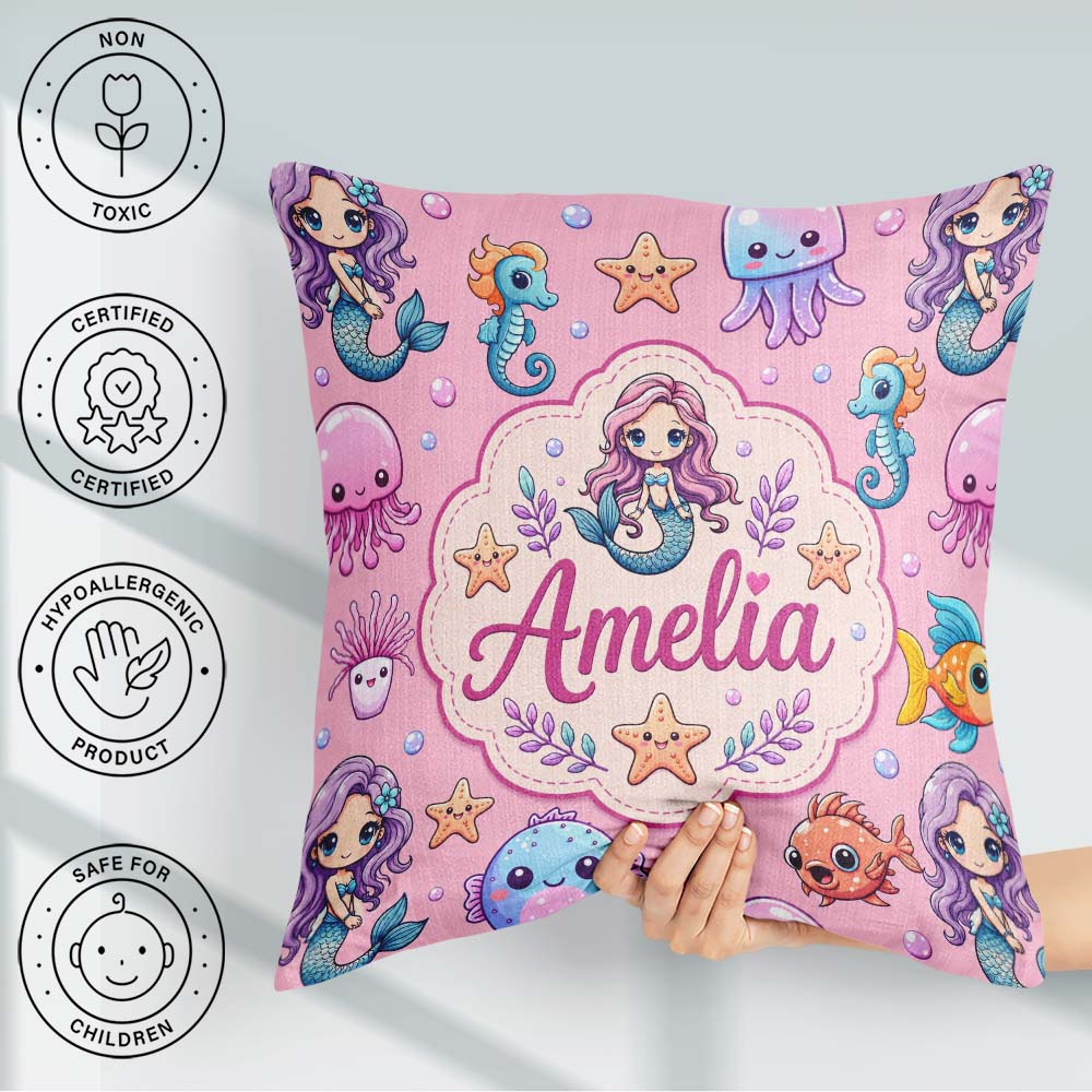 Custom Name Cartoon Mermaid with Sea on Pink Background Playful Square Filled Cushion Throw Pillow Sofa Bed Home Decor Zip Washable UK Made