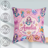Custom Name Cartoon Mermaid with Sea on Pink Background Playful Square Filled Cushion Throw Pillow Sofa Bed Home Decor Zip Washable UK Made