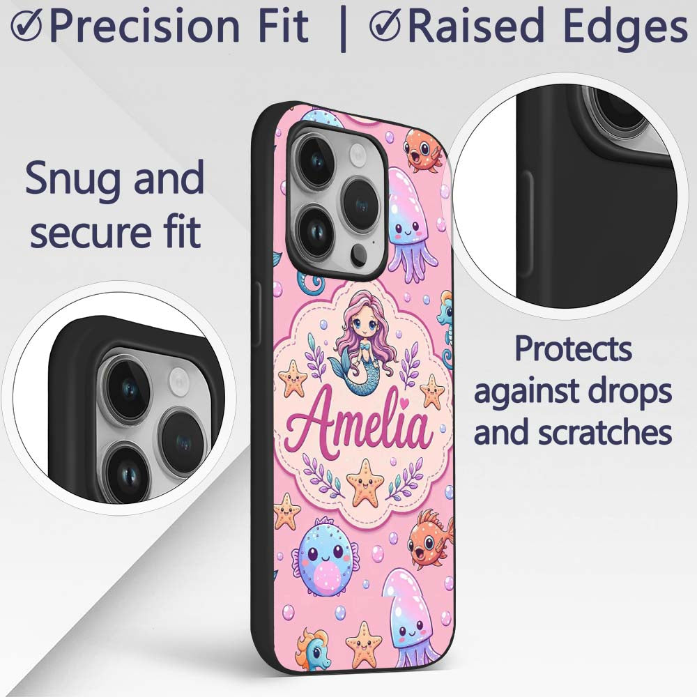Cute Cartoon Mermaid with Sea Creatures on Pink Custom Name Protective Phone Case Mobile Cover Durable Everyday Smartphone Shock Resistant