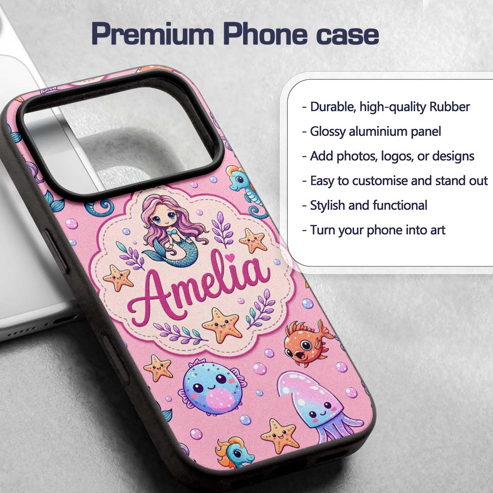 Cute Cartoon Mermaid with Sea Creatures on Pink Custom Name Protective Phone Case Mobile Cover Durable Everyday Smartphone Shock Resistant