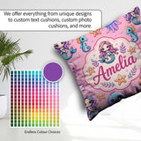 Custom Name Cartoon Mermaid with Sea on Pink Background Playful Square Filled Cushion Throw Pillow Sofa Bed Home Decor Zip Washable UK Made