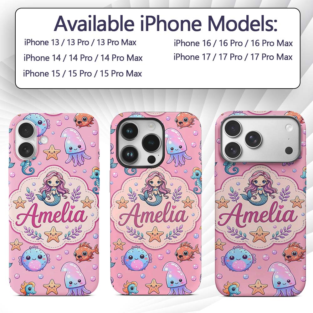 Cute Cartoon Mermaid with Sea Creatures on Pink Custom Name Protective Phone Case Mobile Cover Durable Everyday Smartphone Shock Resistant