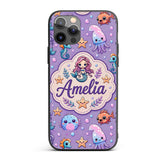 Cute Cartoon Mermaid with Sea Creatures on Purple Custom Name Protective Phone Case Mobile Cover Durable Everyday Smartphone Shock Resistant
