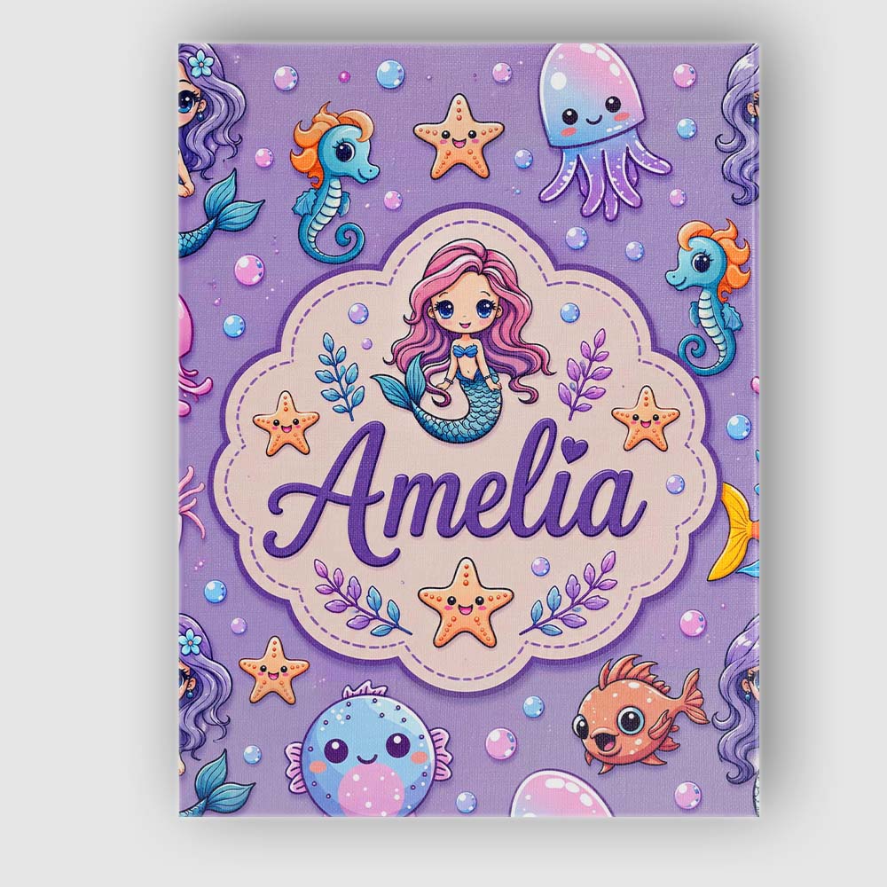 Personalised Name Cute Cartoon Mermaid with Custom  Bespoke Interior Contemporary Canvas Wall Art Print Decor Picture Ready to Hang