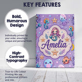 Personalised Name Cute Cartoon Mermaid with Custom  Bespoke Interior Contemporary Canvas Wall Art Print Decor Picture Ready to Hang