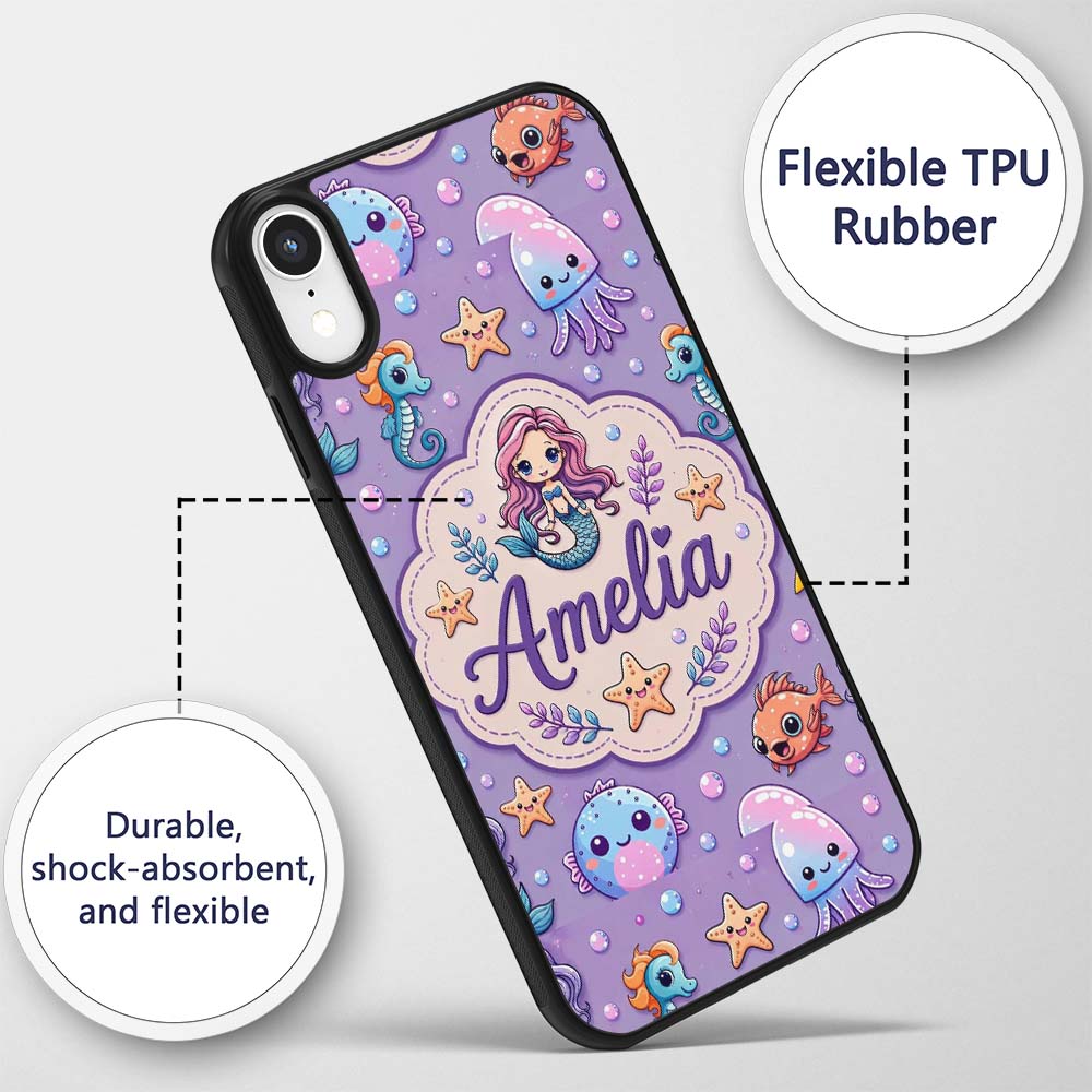 Cute Cartoon Mermaid with Sea Creatures on Purple Custom Name Protective Phone Case Mobile Cover Durable Everyday Smartphone Shock Resistant