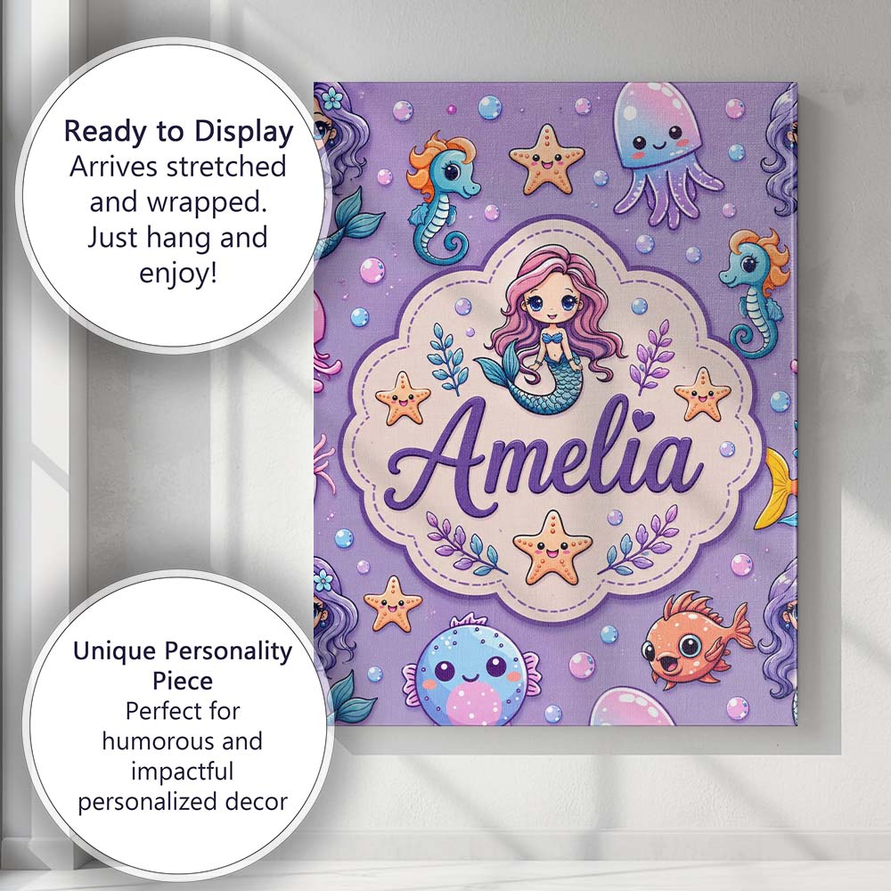 Personalised Name Cute Cartoon Mermaid with Custom  Bespoke Interior Contemporary Canvas Wall Art Print Decor Picture Ready to Hang