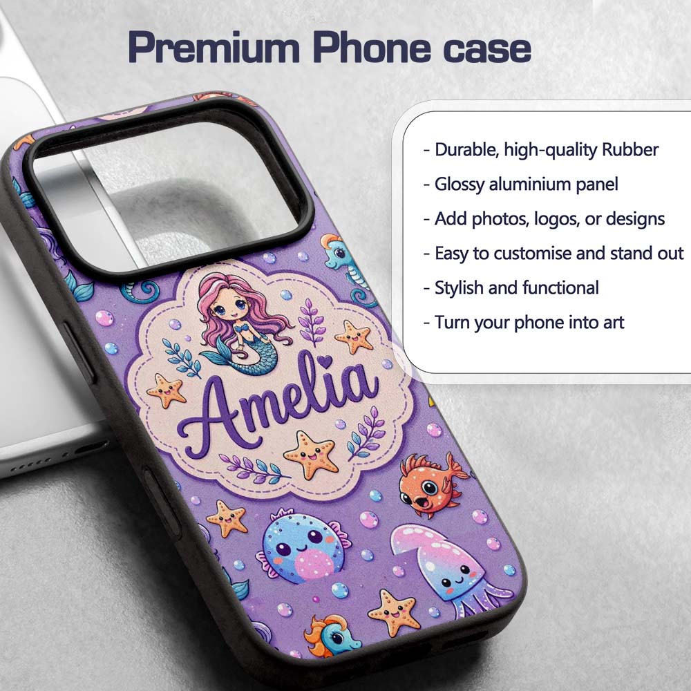 Cute Cartoon Mermaid with Sea Creatures on Purple Custom Name Protective Phone Case Mobile Cover Durable Everyday Smartphone Shock Resistant