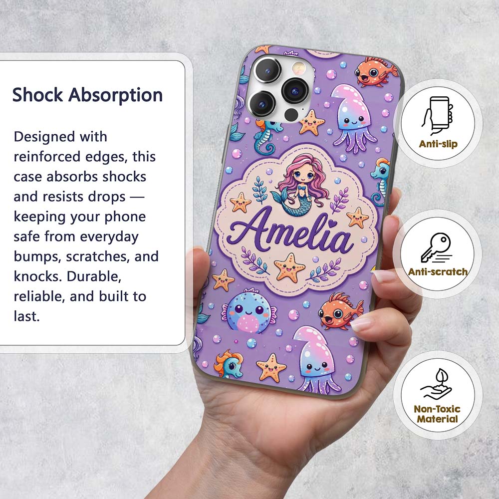 Cute Cartoon Mermaid with Sea Creatures on Purple Custom Name Protective Phone Case Mobile Cover Durable Everyday Smartphone Shock Resistant