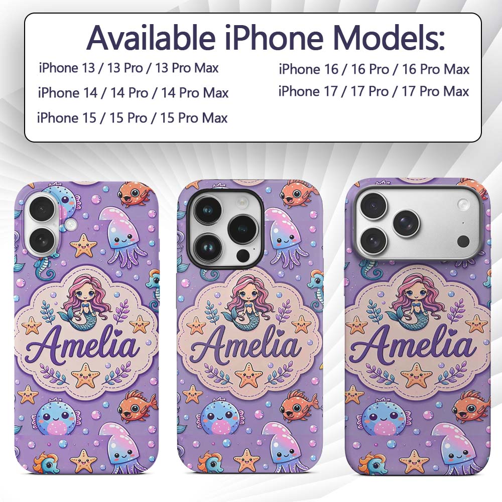 Cute Cartoon Mermaid with Sea Creatures on Purple Custom Name Protective Phone Case Mobile Cover Durable Everyday Smartphone Shock Resistant