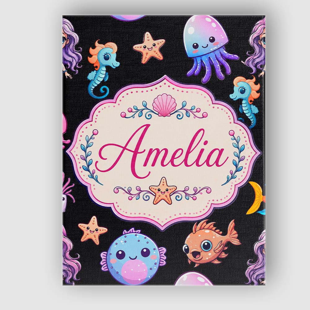 Personalised Name Cute Kawaii Mermaid and Custom  Unique Gift Idea Elegant Feature Canvas Wall Art Print Decor Picture Ready to Hang