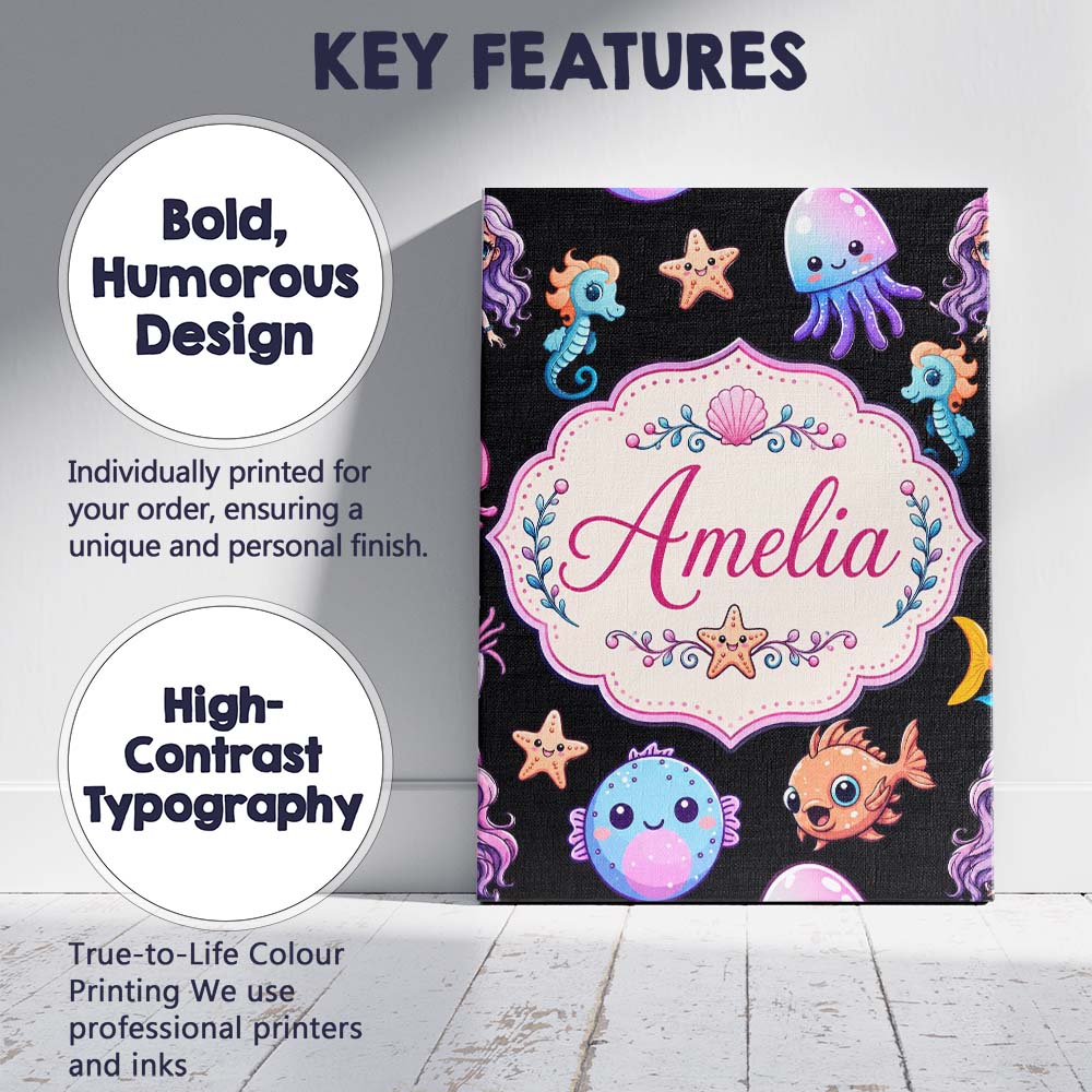 Personalised Name Cute Kawaii Mermaid and Custom  Unique Gift Idea Elegant Feature Canvas Wall Art Print Decor Picture Ready to Hang