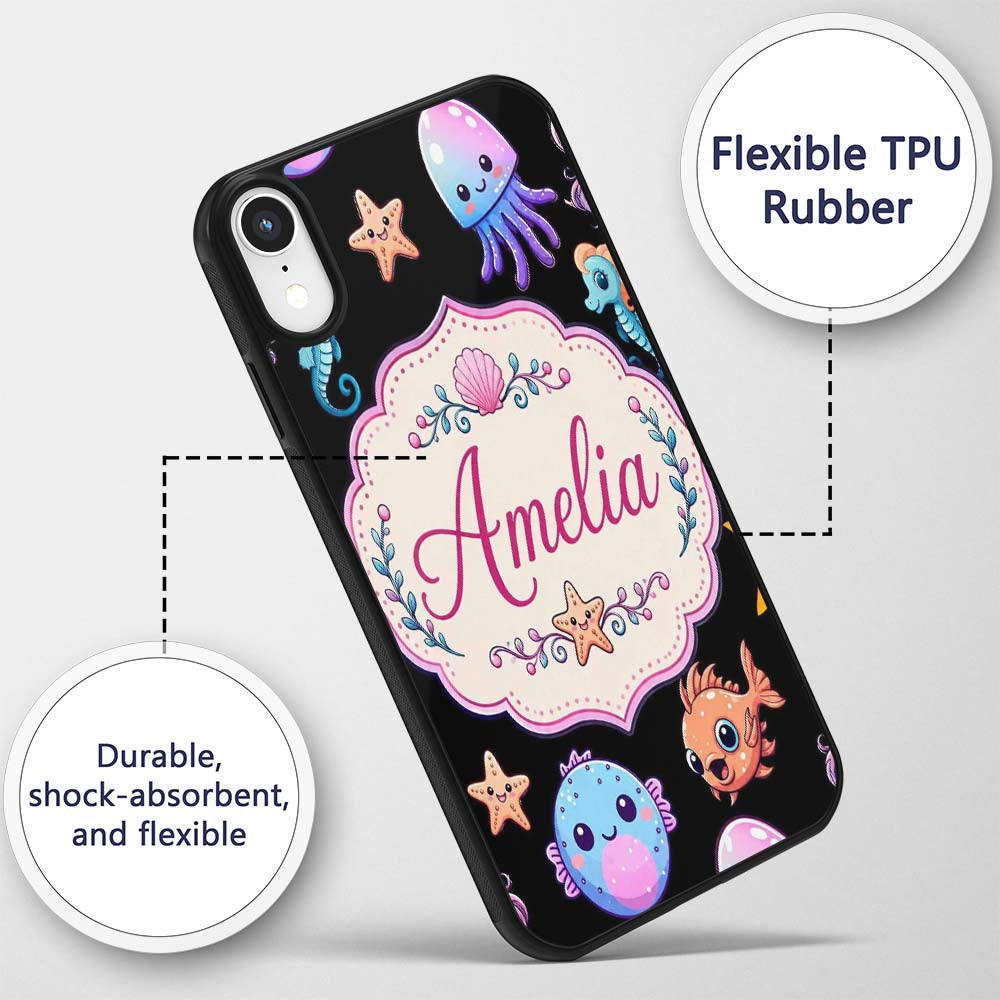 Cute Kawaii Mermaid and Sea Creatures Seamless Custom Name Protective Phone Case Mobile Cover Durable Everyday Smartphone Shock Resistant