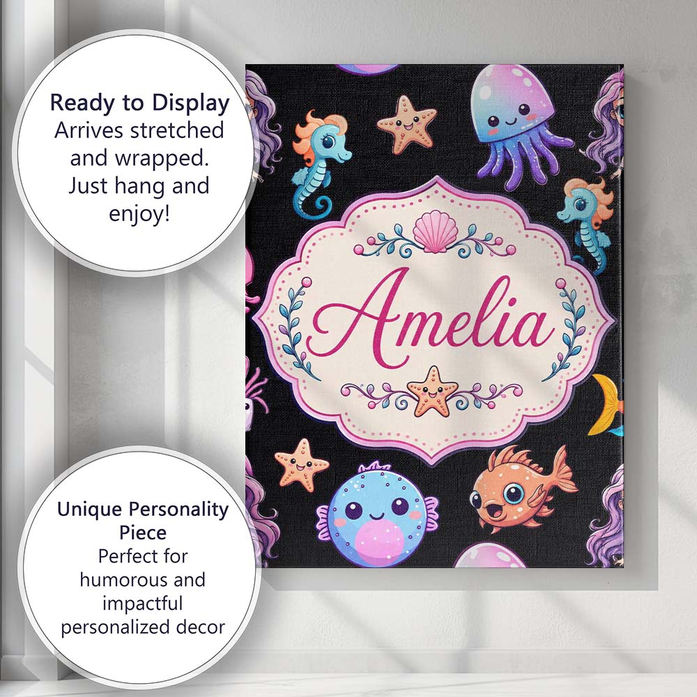 Personalised Name Cute Kawaii Mermaid and Custom  Unique Gift Idea Elegant Feature Canvas Wall Art Print Decor Picture Ready to Hang