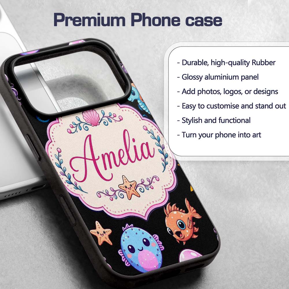 Cute Kawaii Mermaid and Sea Creatures Seamless Custom Name Protective Phone Case Mobile Cover Durable Everyday Smartphone Shock Resistant
