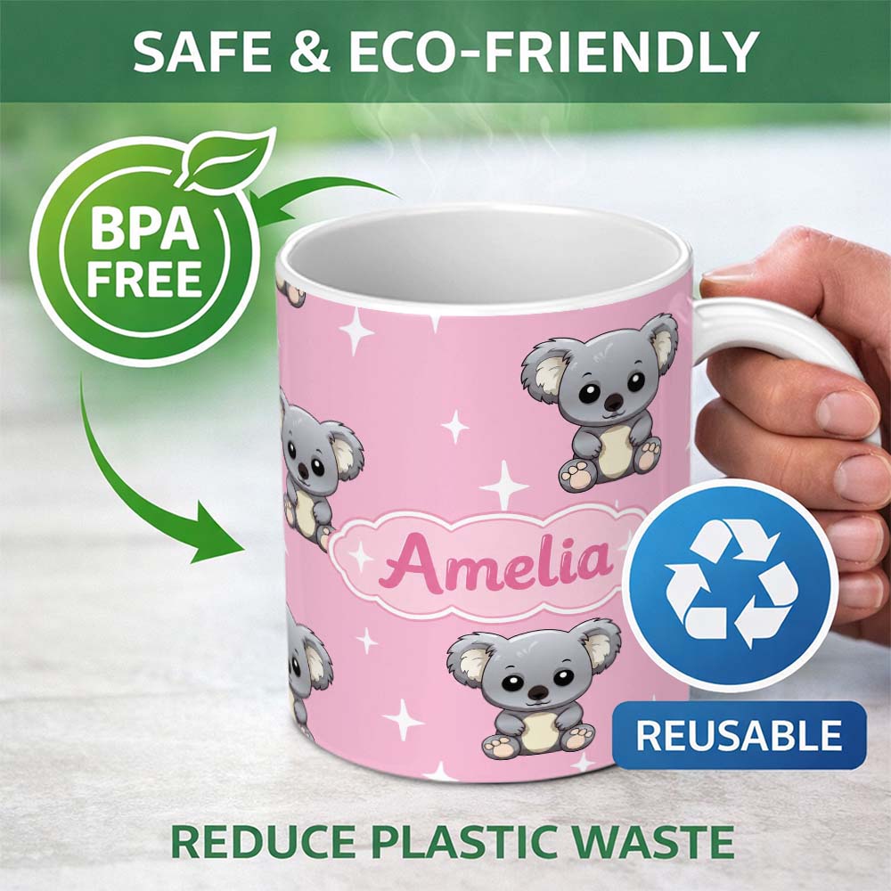 Personalized Custom Name Cute Cartoon Koala Bears with White Stars on Rose Pink Background 11oz Ceramic Coffee Tea Mug White Large Handle