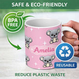 Personalized Custom Name Cute Cartoon Koala Bears with White Stars on Rose Pink Background 11oz Ceramic Coffee Tea Mug White Large Handle