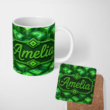Personalized Custom Name Green 3D Cube Block Abstract Seamless Pattern Beautiful Coffee Cup 11oz Ceramic Coffee Tea Mug White Large Handle