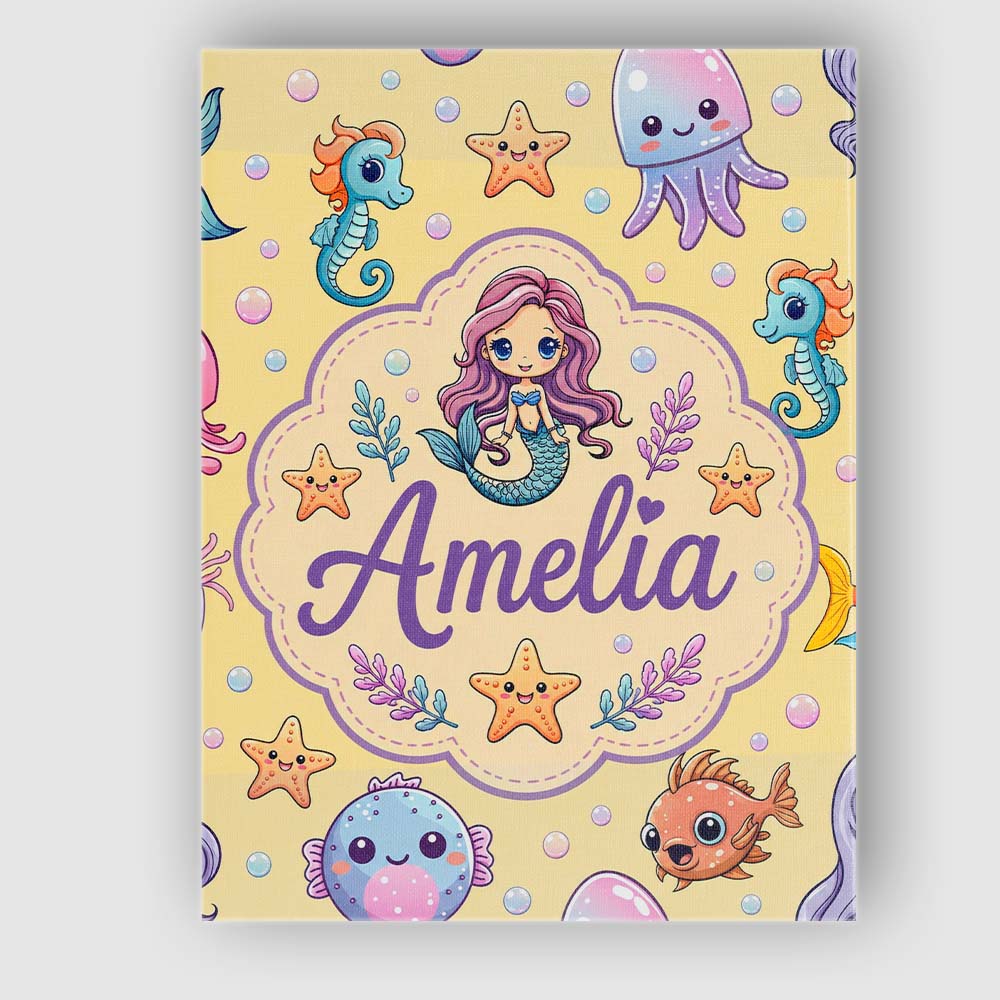 Personalised Name Kawaii Mermaid and Sea Custom  Unique Gift Idea Elegant Feature Canvas Wall Art Print Decor Picture Ready to Hang