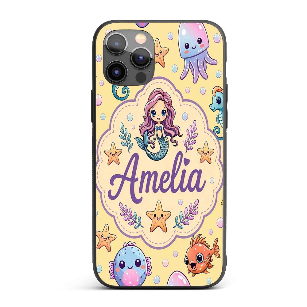 Kawaii Mermaid and Sea Creatures Ocean Warm Beige Custom Name Protective Phone Case Mobile Cover Durable Everyday Smartphone Shock Resistant