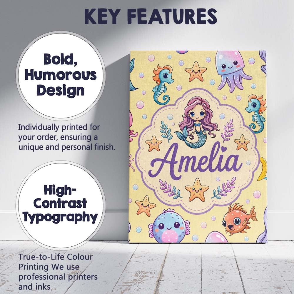 Personalised Name Kawaii Mermaid and Sea Custom  Unique Gift Idea Elegant Feature Canvas Wall Art Print Decor Picture Ready to Hang
