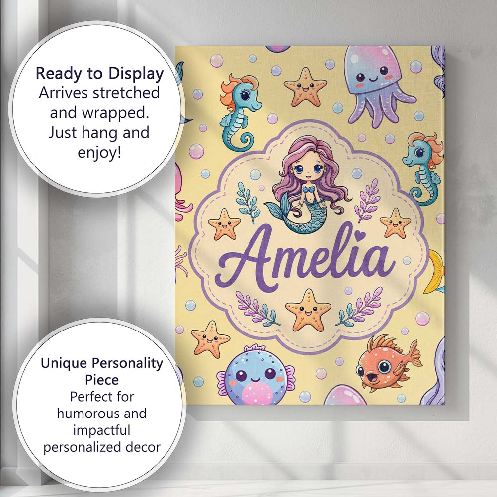 Personalised Name Kawaii Mermaid and Sea Custom  Unique Gift Idea Elegant Feature Canvas Wall Art Print Decor Picture Ready to Hang