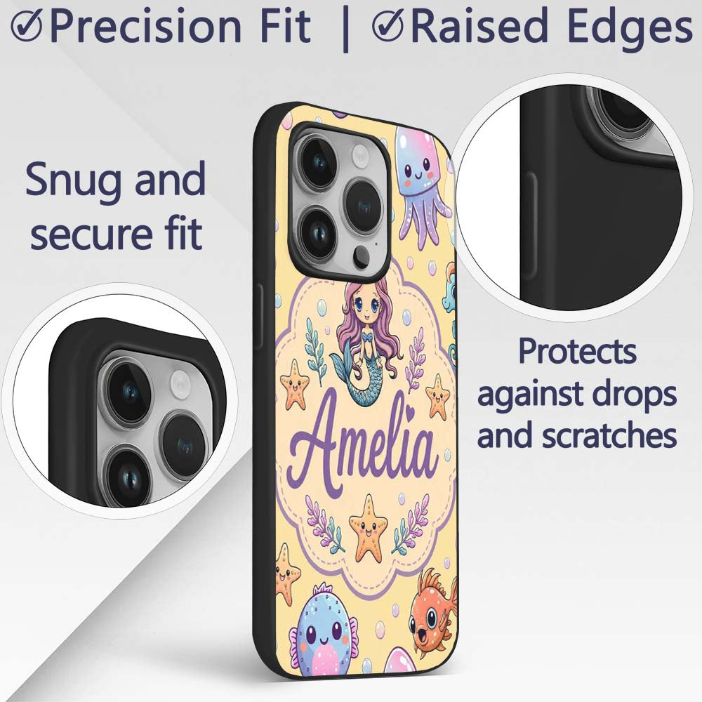 Kawaii Mermaid and Sea Creatures Ocean Warm Beige Custom Name Protective Phone Case Mobile Cover Durable Everyday Smartphone Shock Resistant