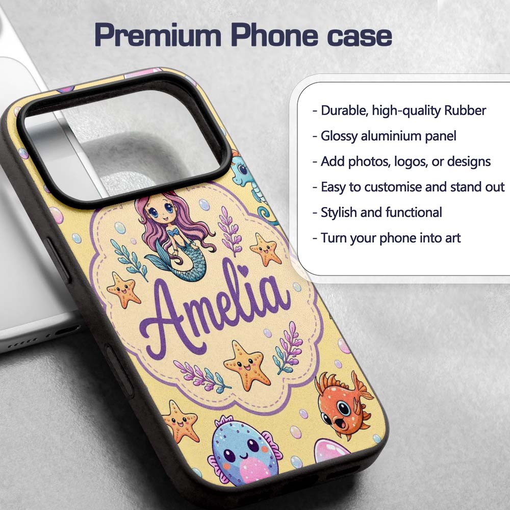 Kawaii Mermaid and Sea Creatures Ocean Warm Beige Custom Name Protective Phone Case Mobile Cover Durable Everyday Smartphone Shock Resistant