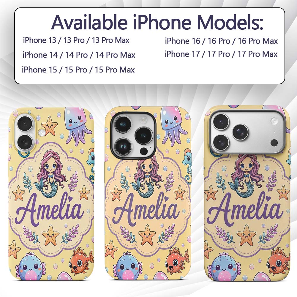Kawaii Mermaid and Sea Creatures Ocean Warm Beige Custom Name Protective Phone Case Mobile Cover Durable Everyday Smartphone Shock Resistant