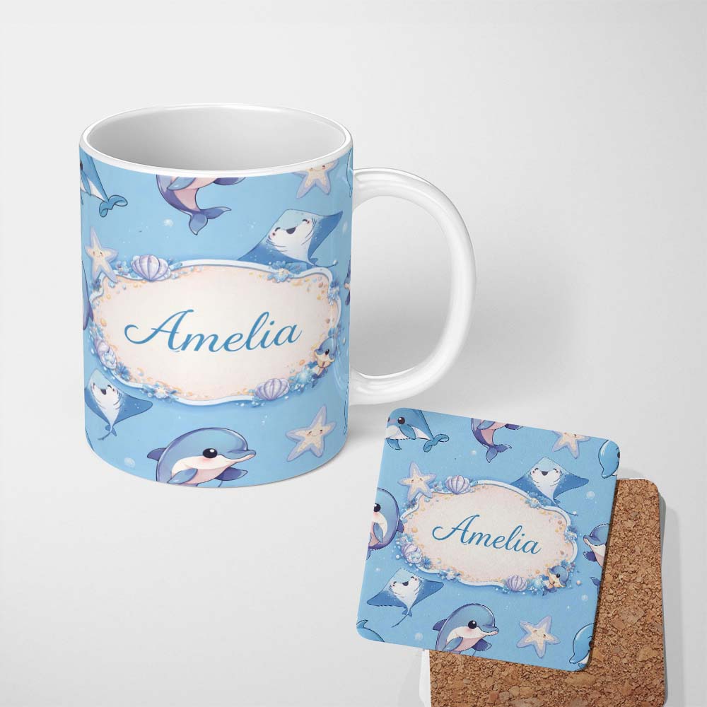 Personalized Custom Name Cute Dolphin Stingray Starfish Cartoon Sea Life Pattern Blue Lovely 11oz Ceramic Coffee Tea Mug White Large Handle